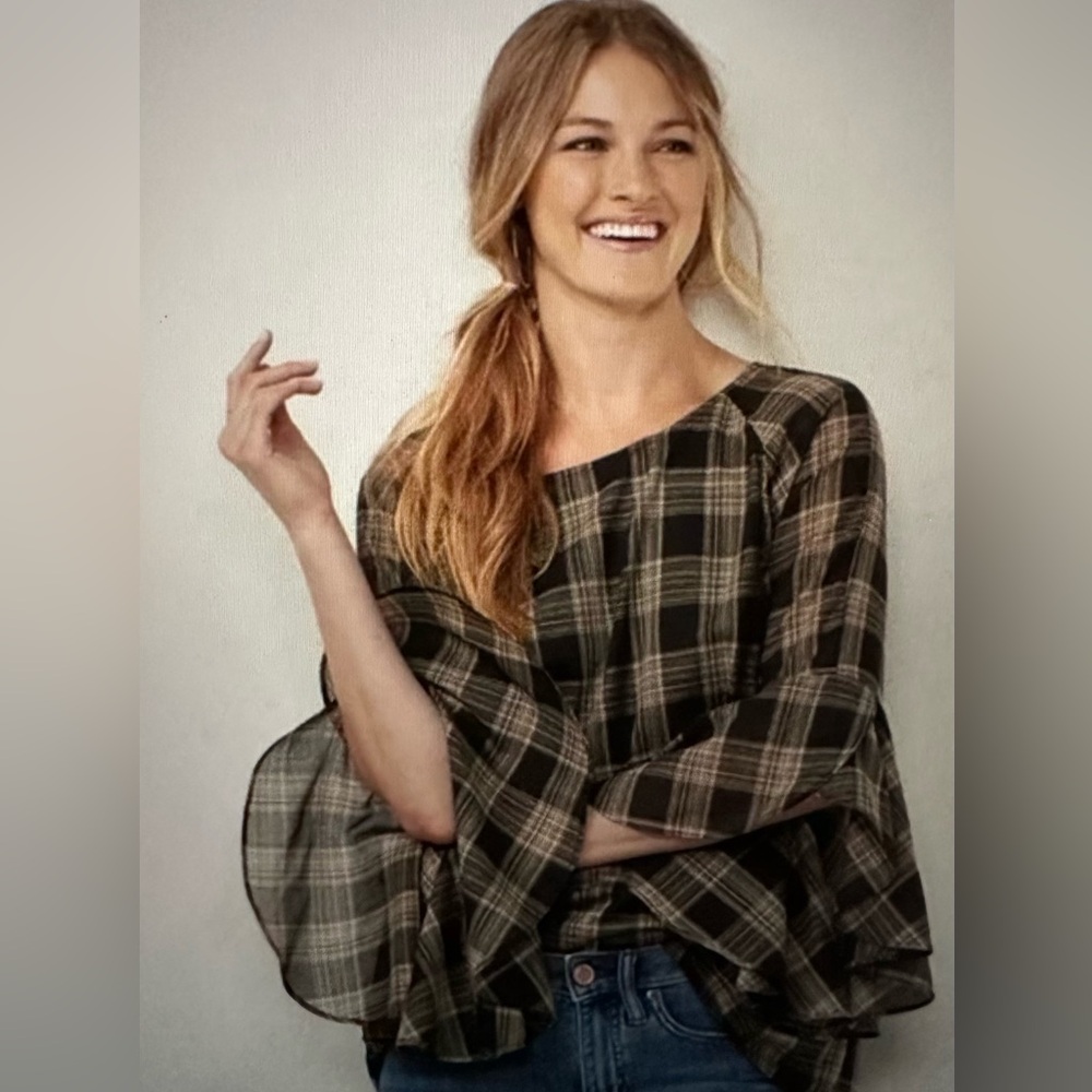 LC Lauren Conrad Cotton Lined Plaid‎ Bell Sleeve Tunic Top Brown Tan Size L NWOT